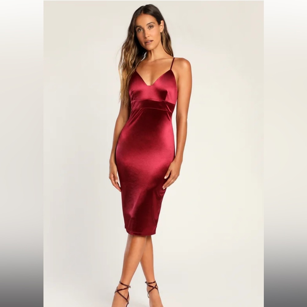Lulus Wine Red Satin Bodycon Midi dress